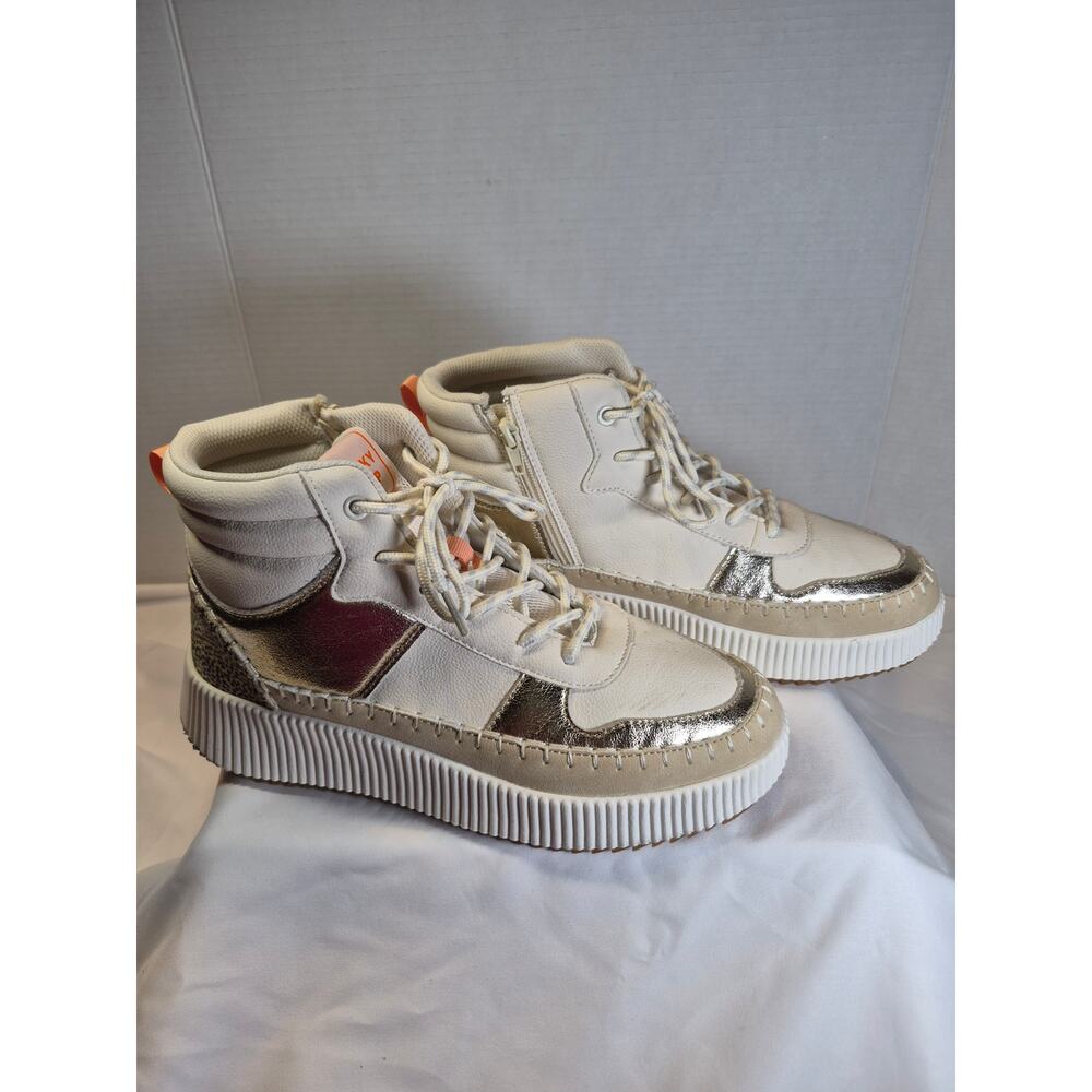 Lucky Step High Top Sneakers Womens 10 White Gold Zip Air Cooled Platform Shoes